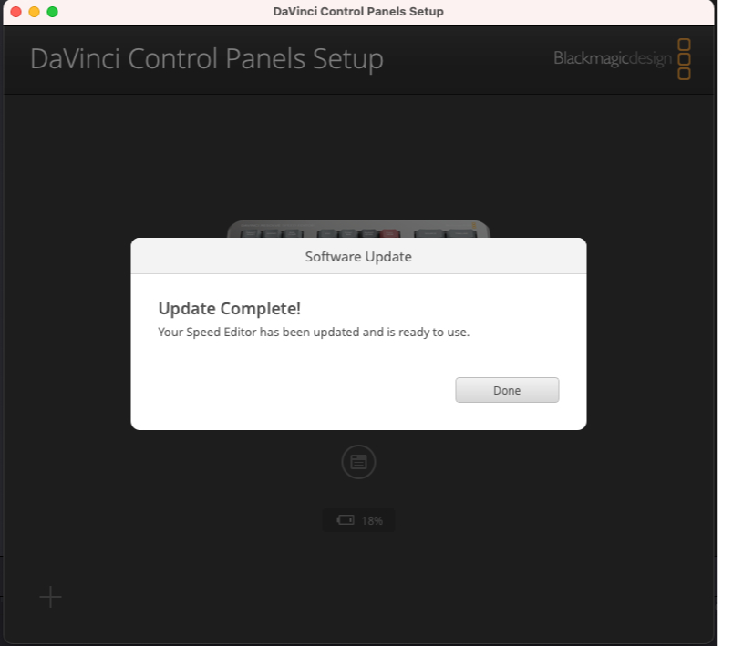 「DoneーUpdate完了」DaVinci Resolve Speed Editor